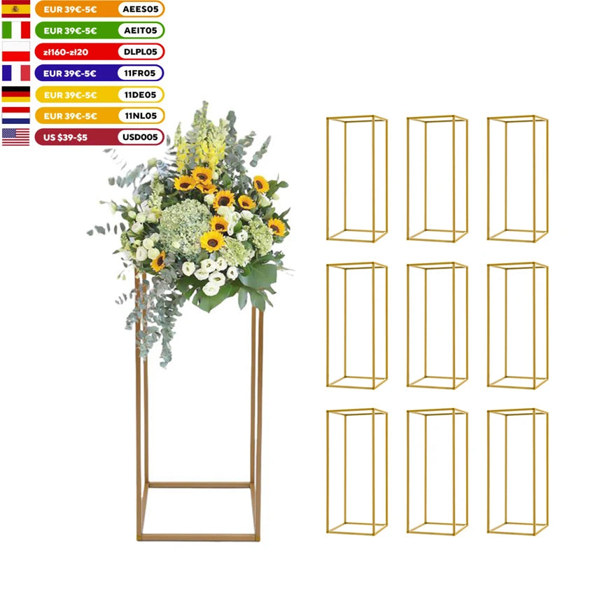 23.62in/ 60cm Tall Floor Vase 10 Pcs Rectangular Metal Flower Stand, Gold