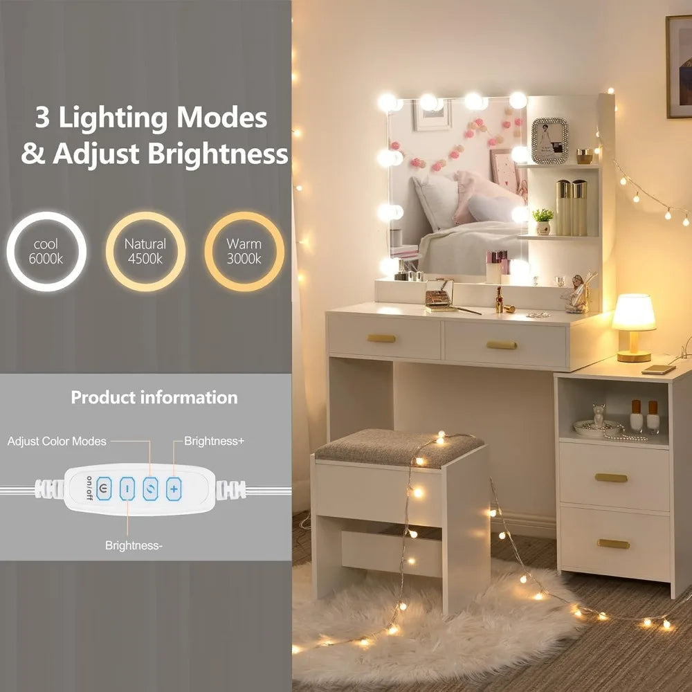 Mirror and 10 LED Lights, White with Power Outlet, Vanity with 5 Drawers & Shelves, 3 Light Modes