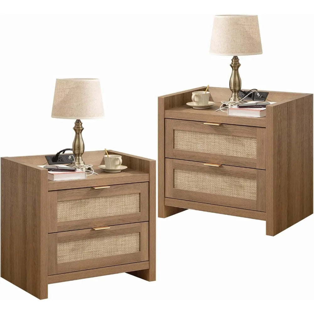 Set of 2-Rattan Nightstands with Type-C Charging Station