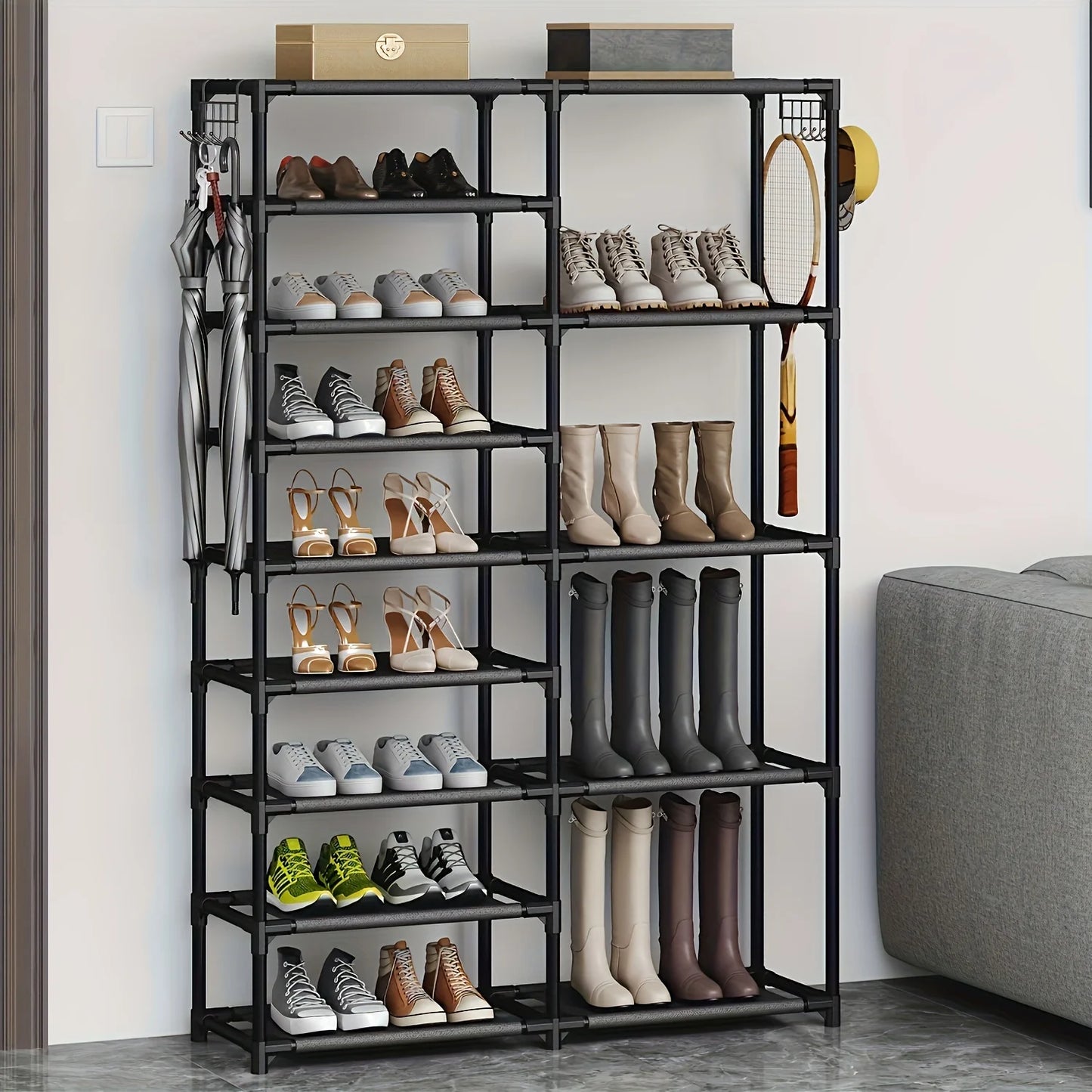 9-Tier Tall Shoe Rack, Large Capacity Organizer with Hooks