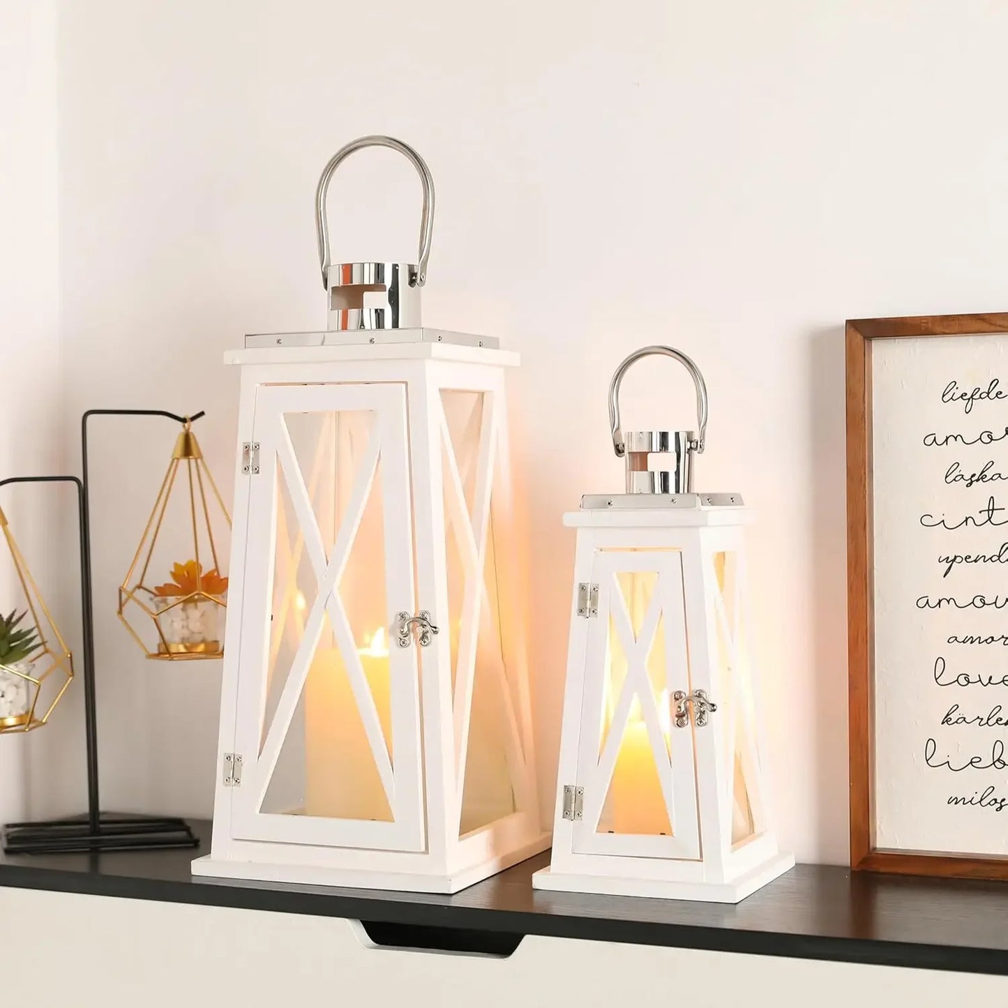 Wood Candle Lantern Holders with Tempered Glass
