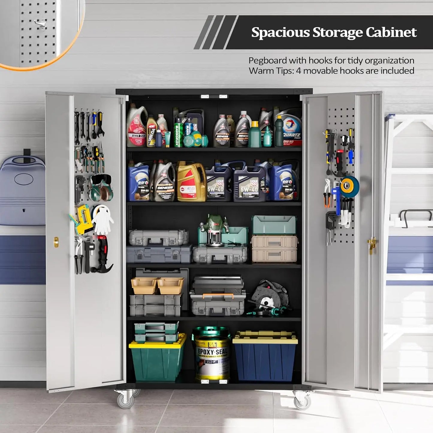 Upgraded Wide & Deep Garage Storage Cabinet with wheels