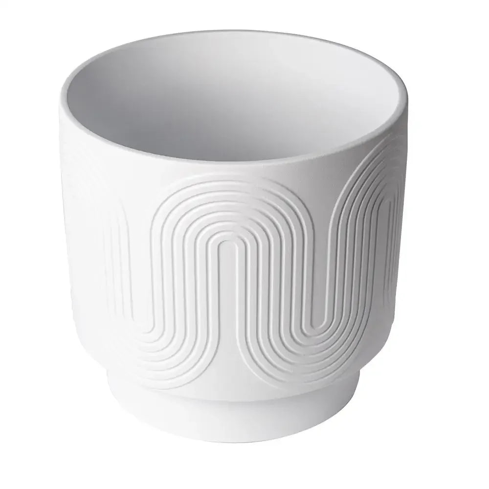 12" White Ceramic Planter Grooved Wave Design Indoor Flower Pot with Drainage Plug