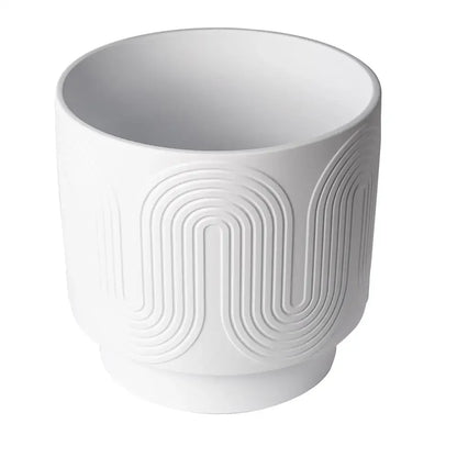 12" White Ceramic Planter Grooved Wave Design Indoor Flower Pot with Drainage Plug