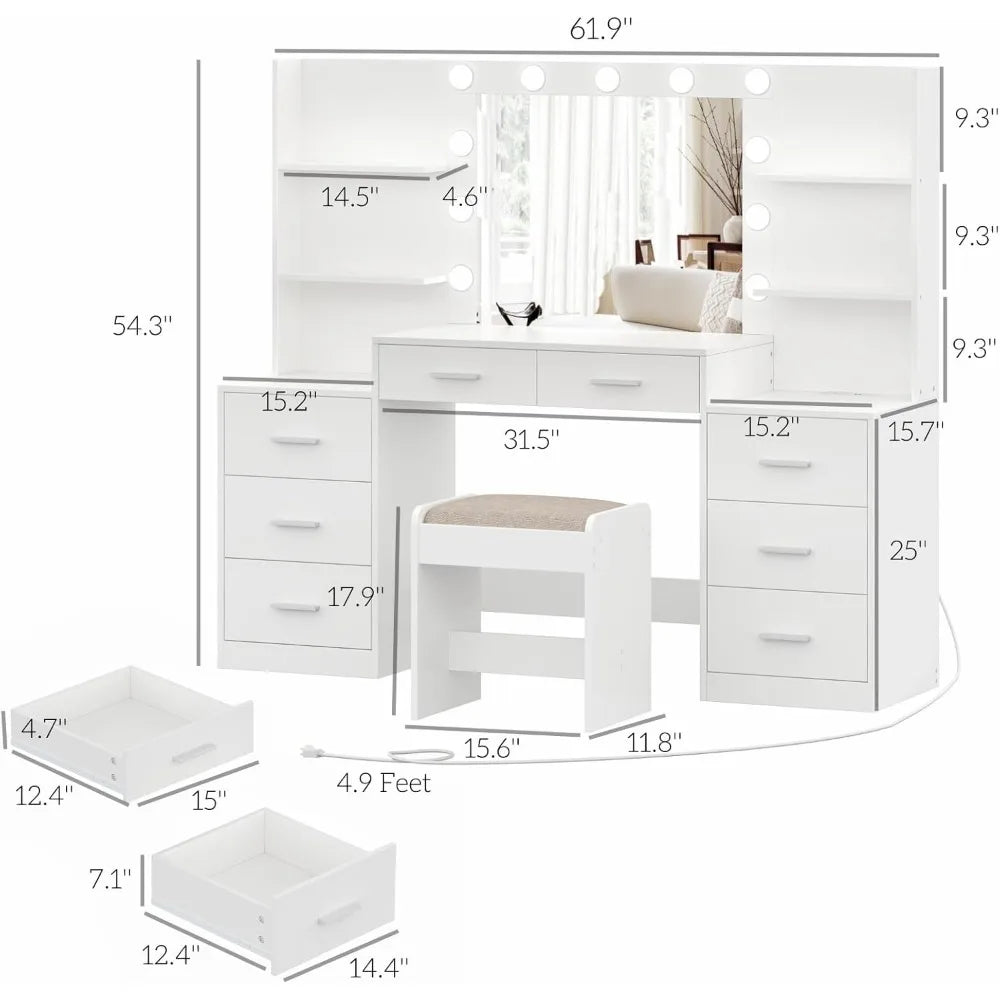 61.9‘’L Large Desk Set with Mirror & Lights