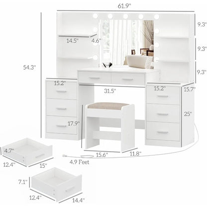 61.9‘’L Large Desk Set with Mirror & Lights