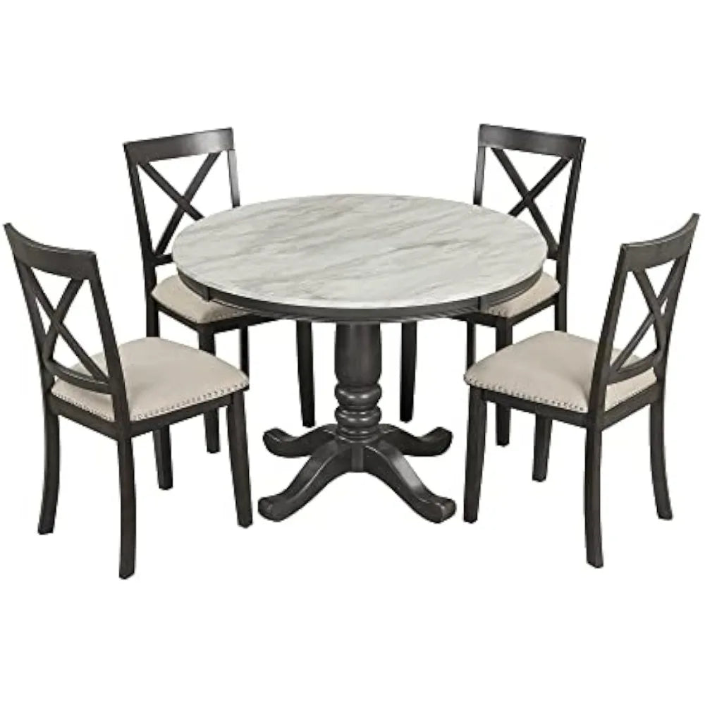 4 with Chairs Set Faux Marble Small Round