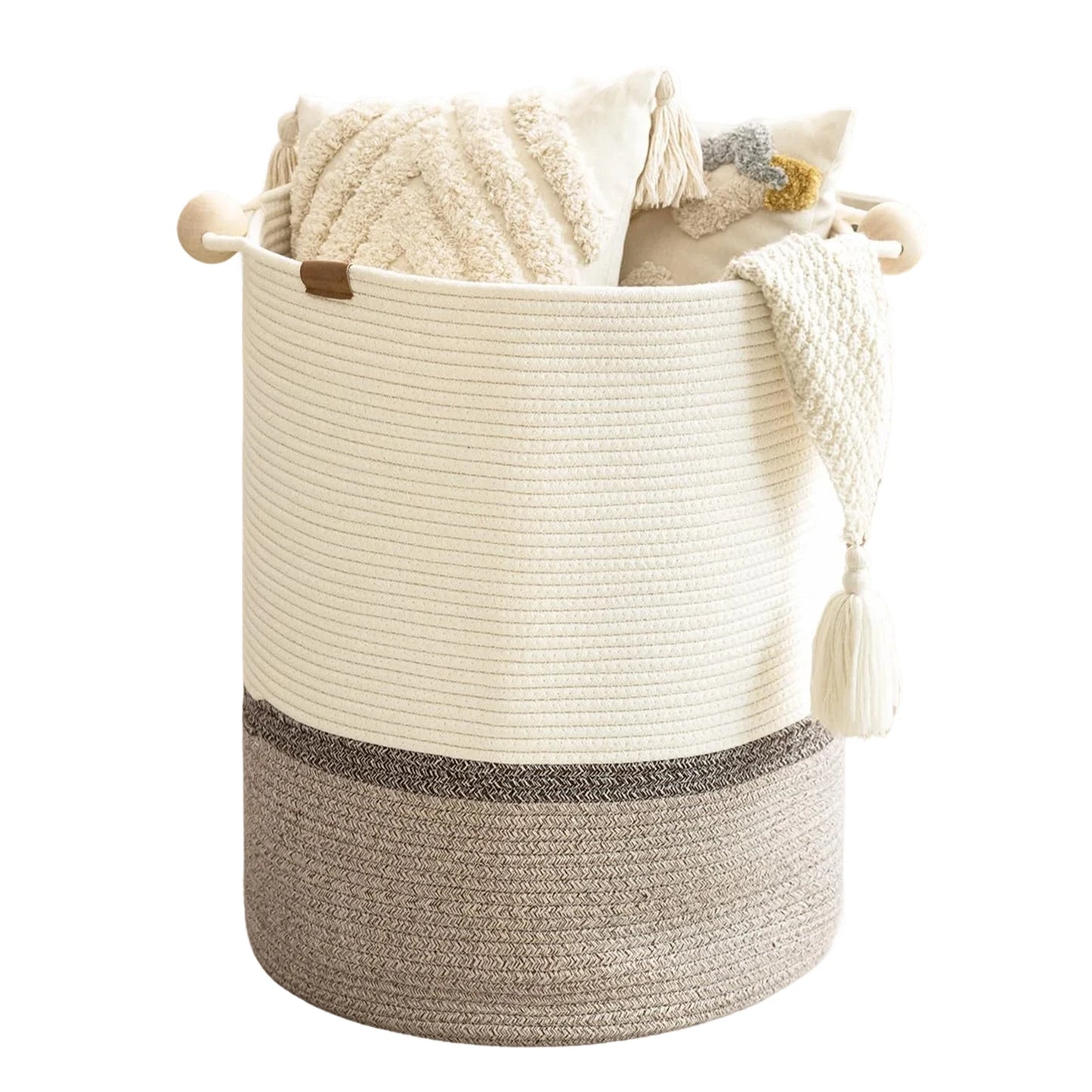 Cotton Rope Laundry Basket,with Wooden Beads Handles