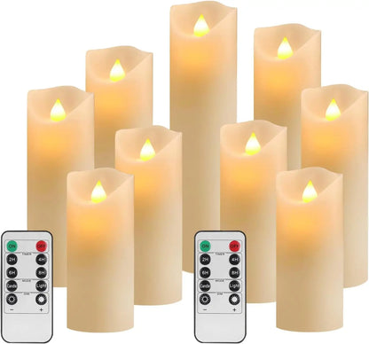 Set of 9 Real Wax Pillar Flickering Battery Candles With 10 key Remote Control Timer 300 Hours