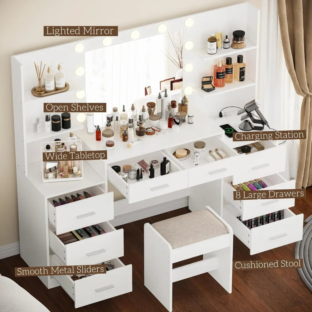 61.9‘’L Large Desk Set with Mirror & Lights
