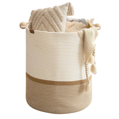Cotton Rope Laundry Basket,with Wooden Beads Handles