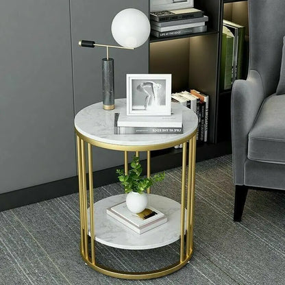 2-Tier White Marble Side Table Nightstand