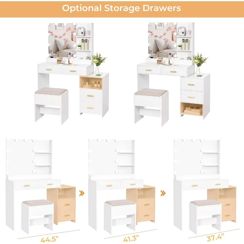 Mirror and 10 LED Lights, White with Power Outlet, Vanity with 5 Drawers & Shelves, 3 Light Modes
