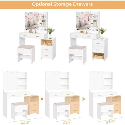 Mirror and 10 LED Lights, White with Power Outlet, Vanity with 5 Drawers & Shelves, 3 Light Modes