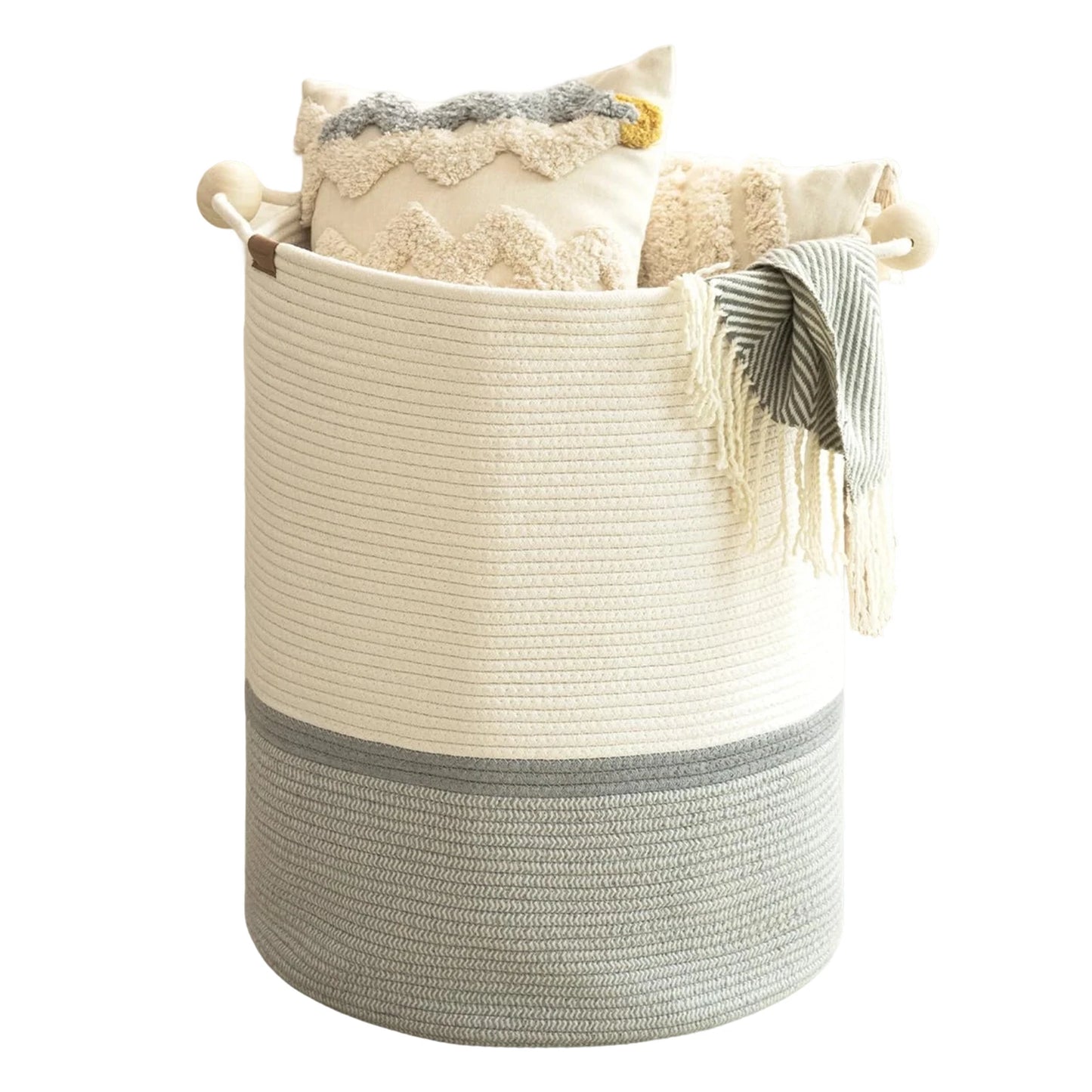 Cotton Rope Laundry Basket,with Wooden Beads Handles