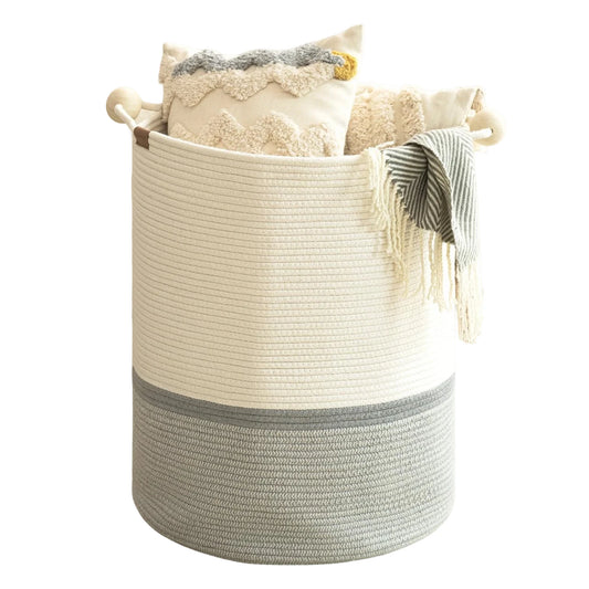 Cotton Rope Laundry Basket,with Wooden Beads Handles