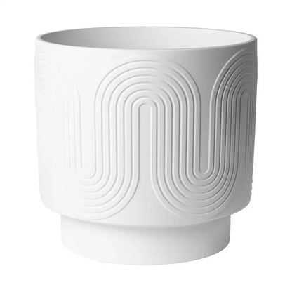 12" White Ceramic Planter Grooved Wave Design Indoor Flower Pot with Drainage Plug