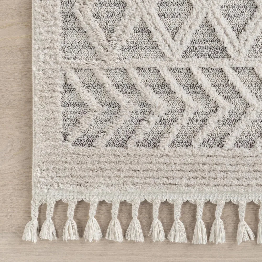 9x12 Ansley Moroccan Tassel Area Rug, Light Grey, High-Low Textured Bohemian Design