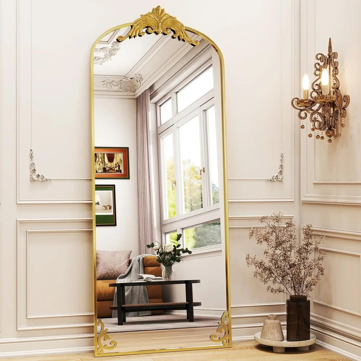 21"x64" Gold Arched Full-Length Mirror with Stand
