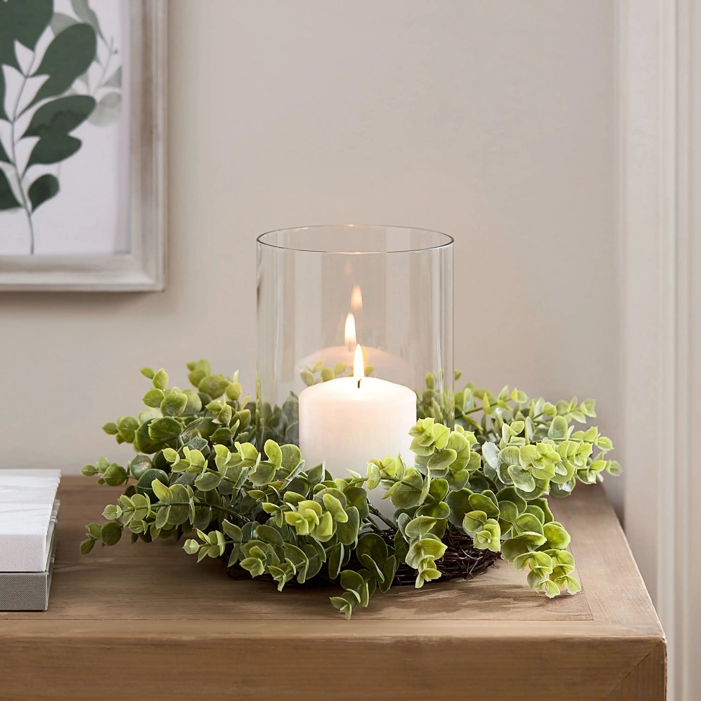 8" Pillar Candle Holder with Artificial Eucalyptus