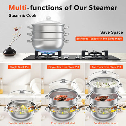 3-Tier 28CM Stainless Steel Steamer Food Cooking + Glass Lid Cookware Steam Pot Set Silver Hot Pot Steamer Veg Cooker