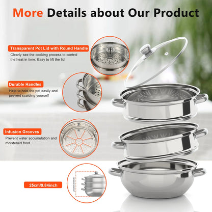 3-Tier 28CM Stainless Steel Steamer Food Cooking + Glass Lid Cookware Steam Pot Set Silver Hot Pot Steamer Veg Cooker