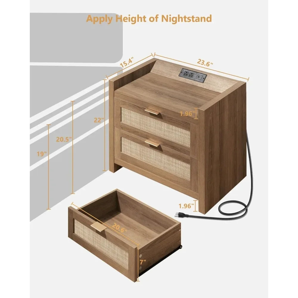 Set of 2-Rattan Nightstands with Type-C Charging Station