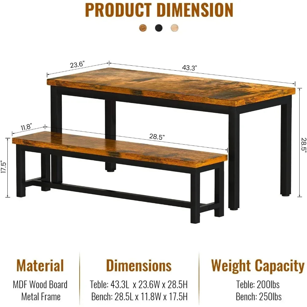 43.3x23.6x28.5 inches, kitchen set with 2 benchs 38.5x11.8x17.5 industrial brown