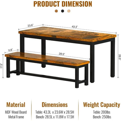 43.3x23.6x28.5 inches, kitchen set with 2 benchs 38.5x11.8x17.5 industrial brown