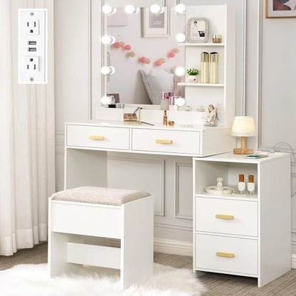 Mirror and 10 LED Lights, White with Power Outlet, Vanity with 5 Drawers & Shelves, 3 Light Modes
