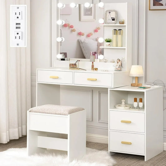 Mirror and 10 LED Lights, White with Power Outlet, Vanity with 5 Drawers & Shelves, 3 Light Modes