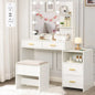 Mirror and 10 LED Lights, White with Power Outlet, Vanity with 5 Drawers & Shelves, 3 Light Modes