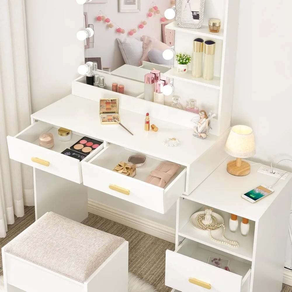 Mirror and 10 LED Lights, White with Power Outlet, Vanity with 5 Drawers & Shelves, 3 Light Modes