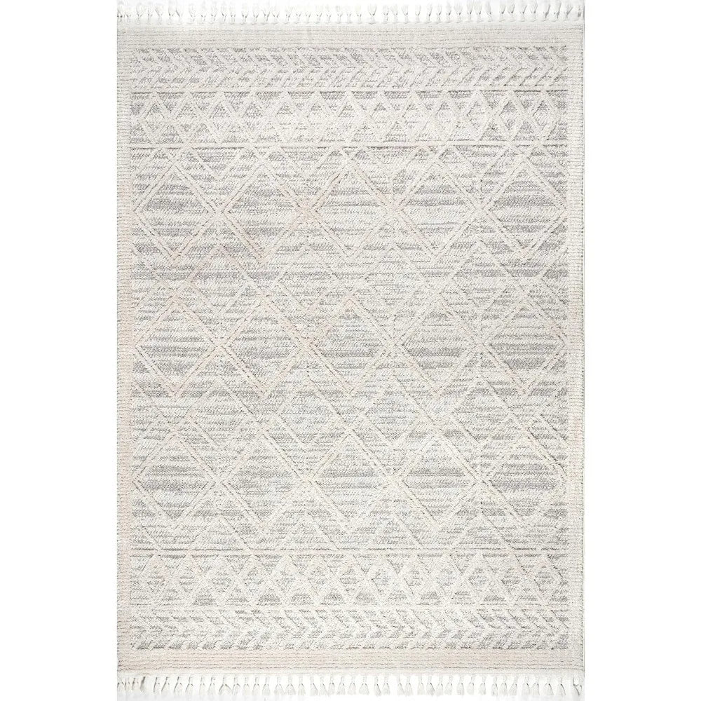 9x12 Ansley Moroccan Tassel Area Rug, Light Grey, High-Low Textured Bohemian Design