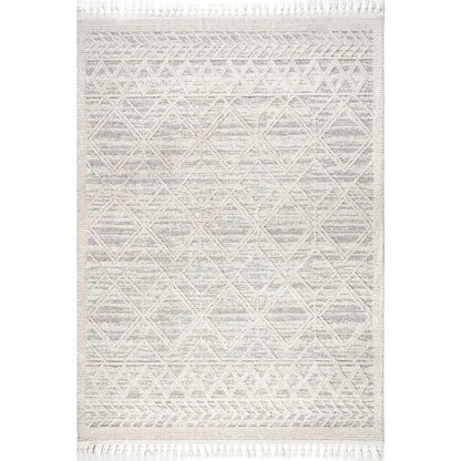 9x12 Ansley Moroccan Tassel Area Rug, Light Grey, High-Low Textured Bohemian Design