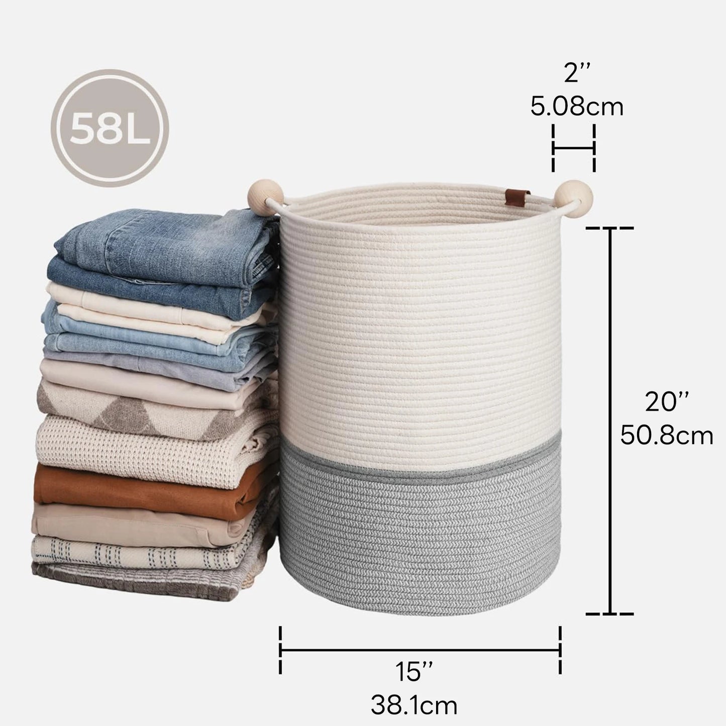 Cotton Rope Laundry Basket,with Wooden Beads Handles