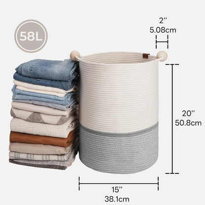 Cotton Rope Laundry Basket,with Wooden Beads Handles