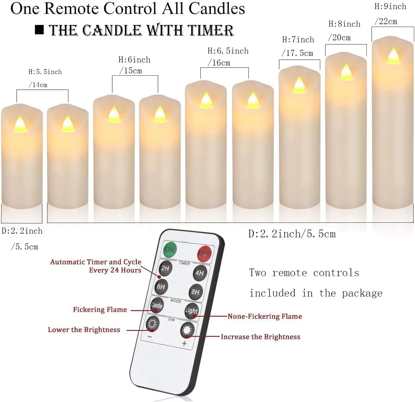 Set of 9 Real Wax Pillar Flickering Battery Candles With 10 key Remote Control Timer 300 Hours