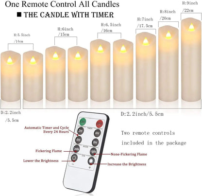 Set of 9 Real Wax Pillar Flickering Battery Candles With 10 key Remote Control Timer 300 Hours