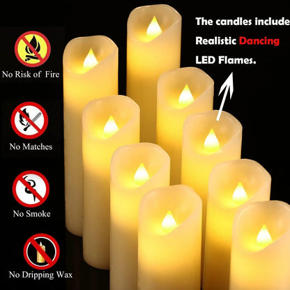 Set of 9 Real Wax Pillar Flickering Battery Candles With 10 key Remote Control Timer 300 Hours