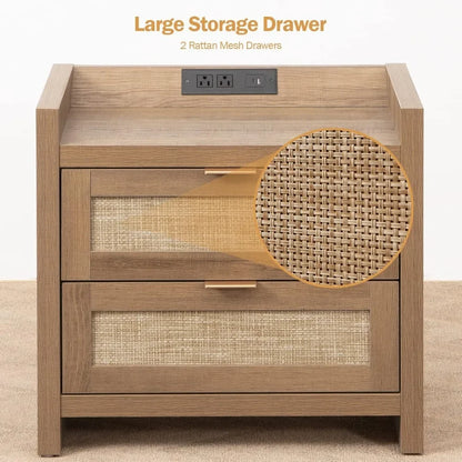 Set of 2-Rattan Nightstands with Type-C Charging Station