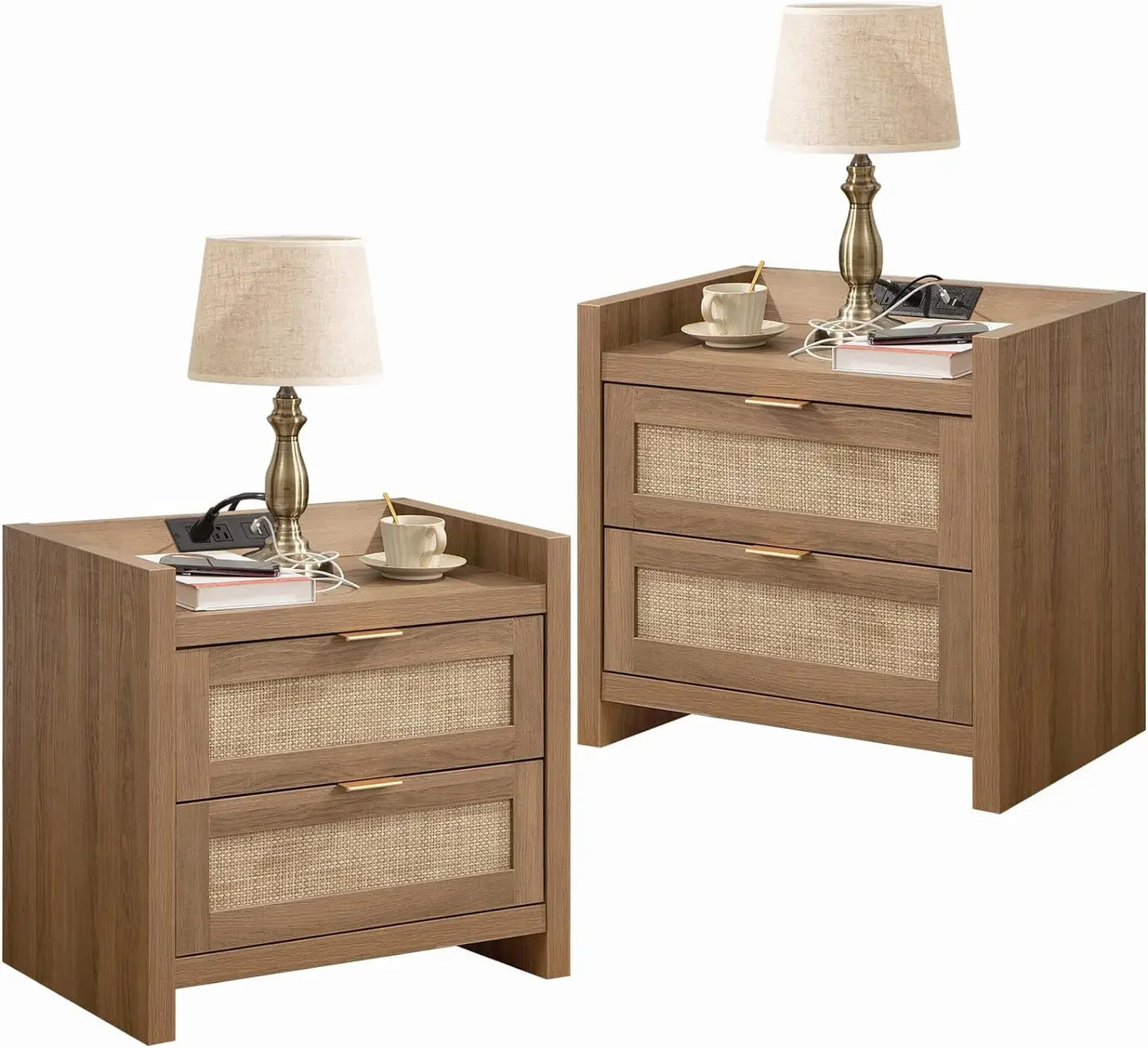 Set of 2-Rattan Nightstands with Type-C Charging Station