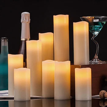 Set of 9 Real Wax Pillar Flickering Battery Candles With 10 key Remote Control Timer 300 Hours