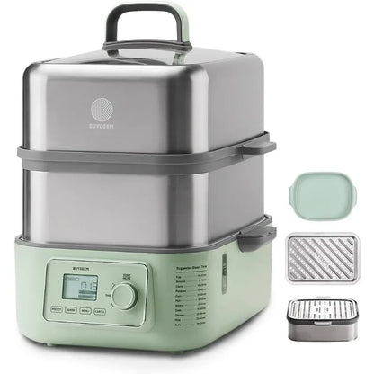 14 Quart Electric Food Steamer for Cooking, 2 Tire Stainless Steel Steamer with Manual Mode, 1500W,  Green