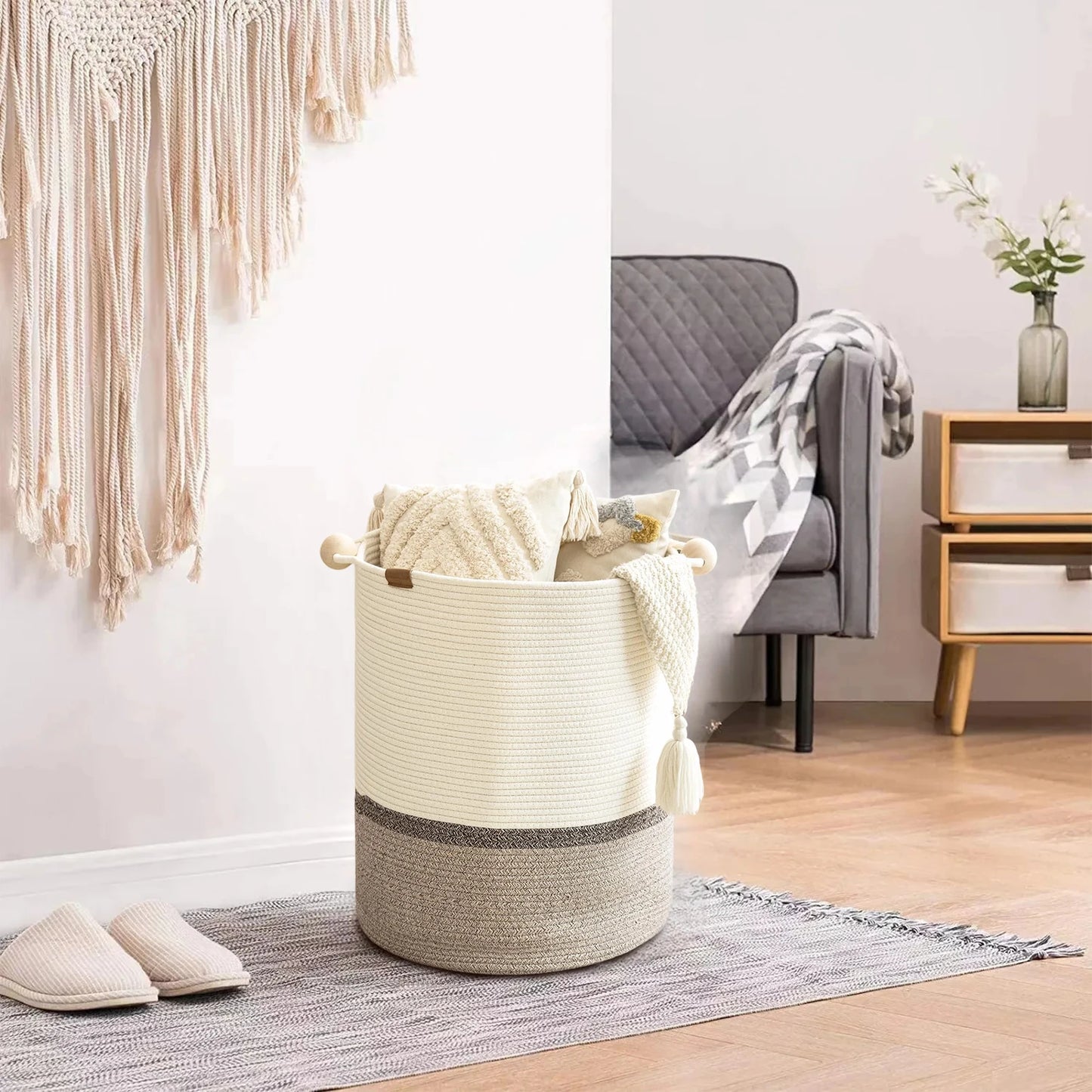 Cotton Rope Laundry Basket,with Wooden Beads Handles