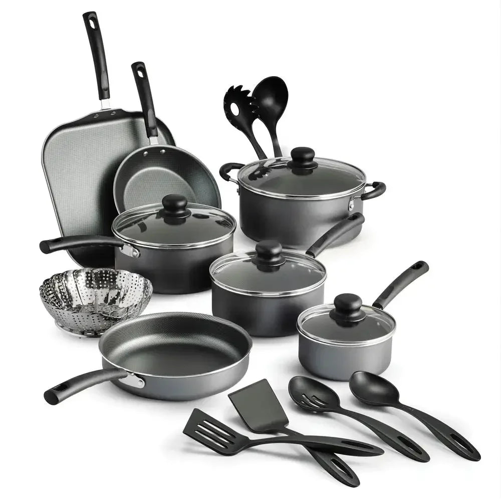 18 Piece Set Nonstick Stainless Steel Set Kitchen Pots and Pans Gray Lids Spoons Ladle Griddle Turners