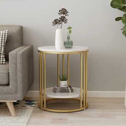 2-Tier White Marble Side Table Nightstand