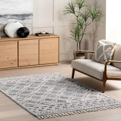 9x12 Ansley Moroccan Tassel Area Rug, Light Grey, High-Low Textured Bohemian Design