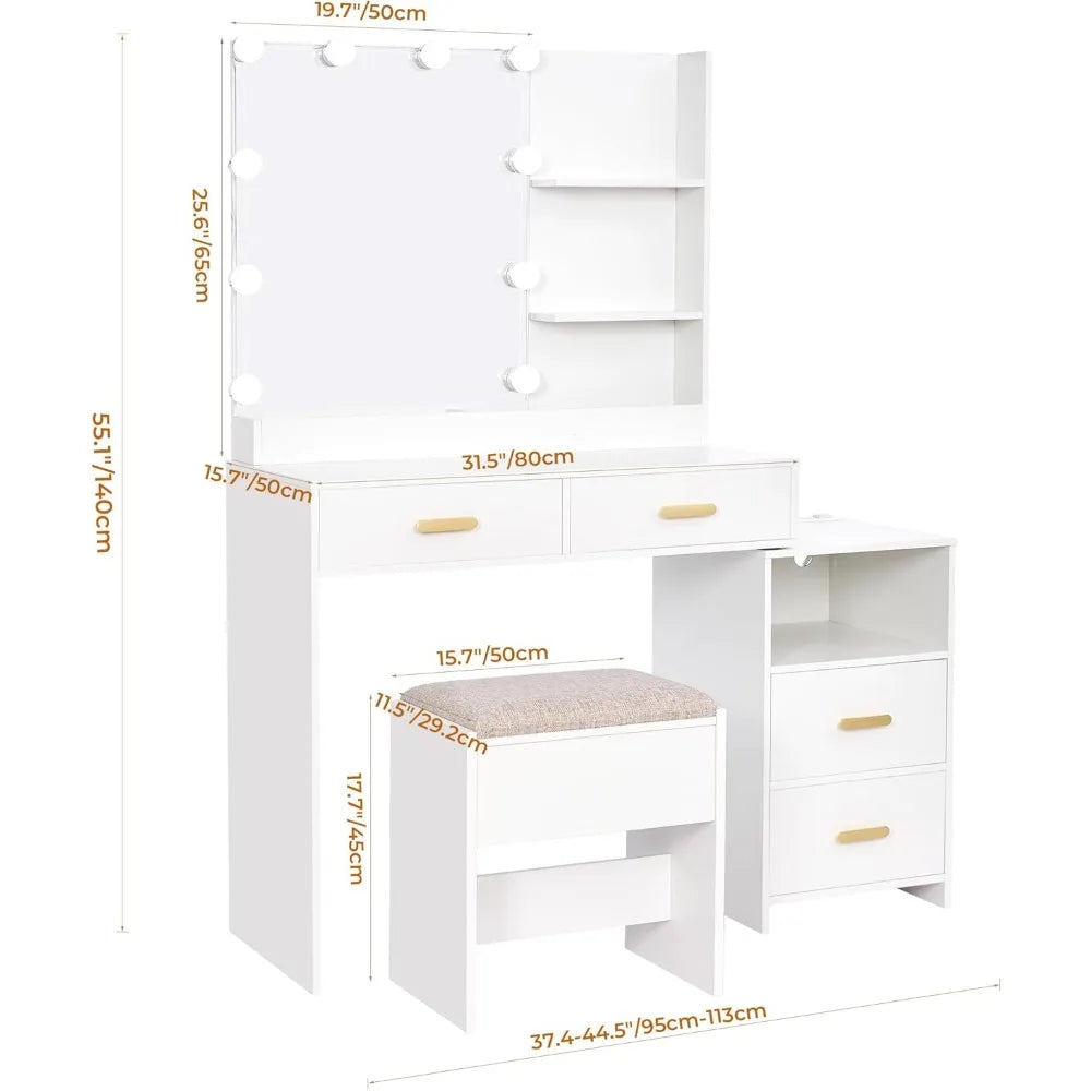 Mirror and 10 LED Lights, White with Power Outlet, Vanity with 5 Drawers & Shelves, 3 Light Modes