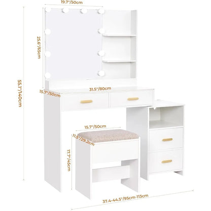 Mirror and 10 LED Lights, White with Power Outlet, Vanity with 5 Drawers & Shelves, 3 Light Modes